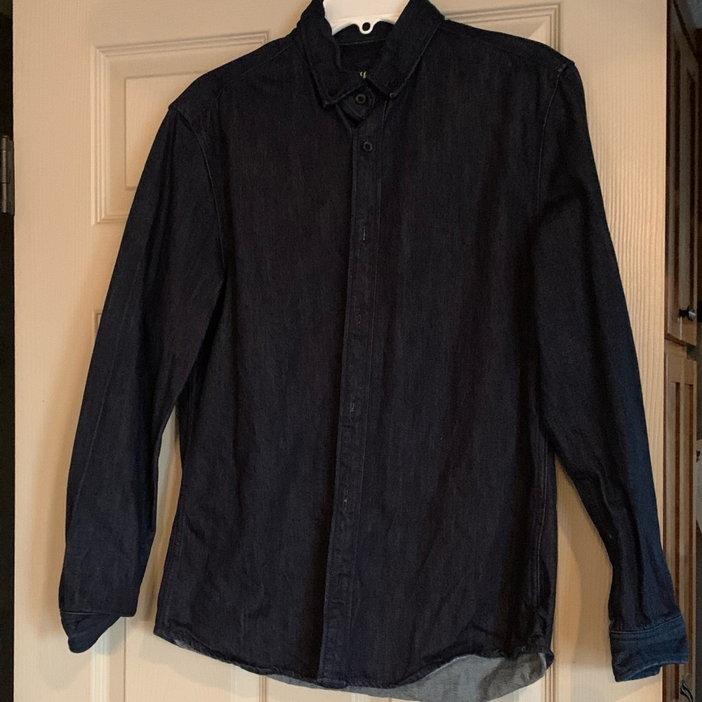 Dark Navy Men's Long-Sleeve Button-Down Denim Shirt